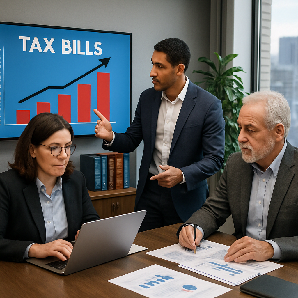 A professional office setting featuring a diverse group of three landlords engaged in a discussion around a modern conference table One landlord a middleaged woman with glasses is reviewing documents on a laptop while a younger man points at a chart
