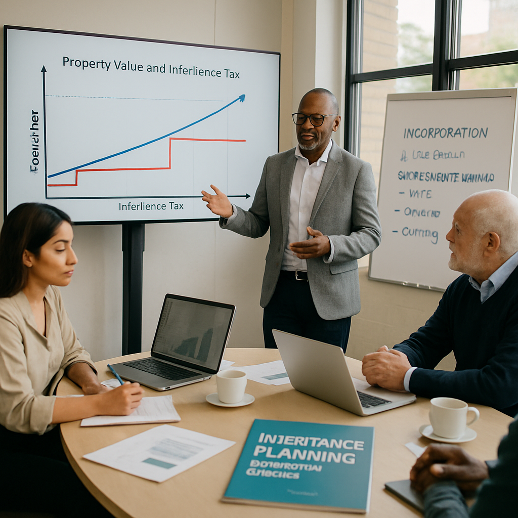 A professional setting featuring a diverse group of landlords engaged in a collaborative meeting A middleaged man with glasses is presenting a chart on a large screen that illustrates property values and inheritance tax implications The room is fille