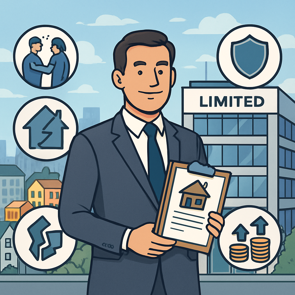 An illustration of a confident landlord standing in front of a modern office building representing a limited company holding a clipboard with property documents The background features a bustling cityscape with various residential properties On one s